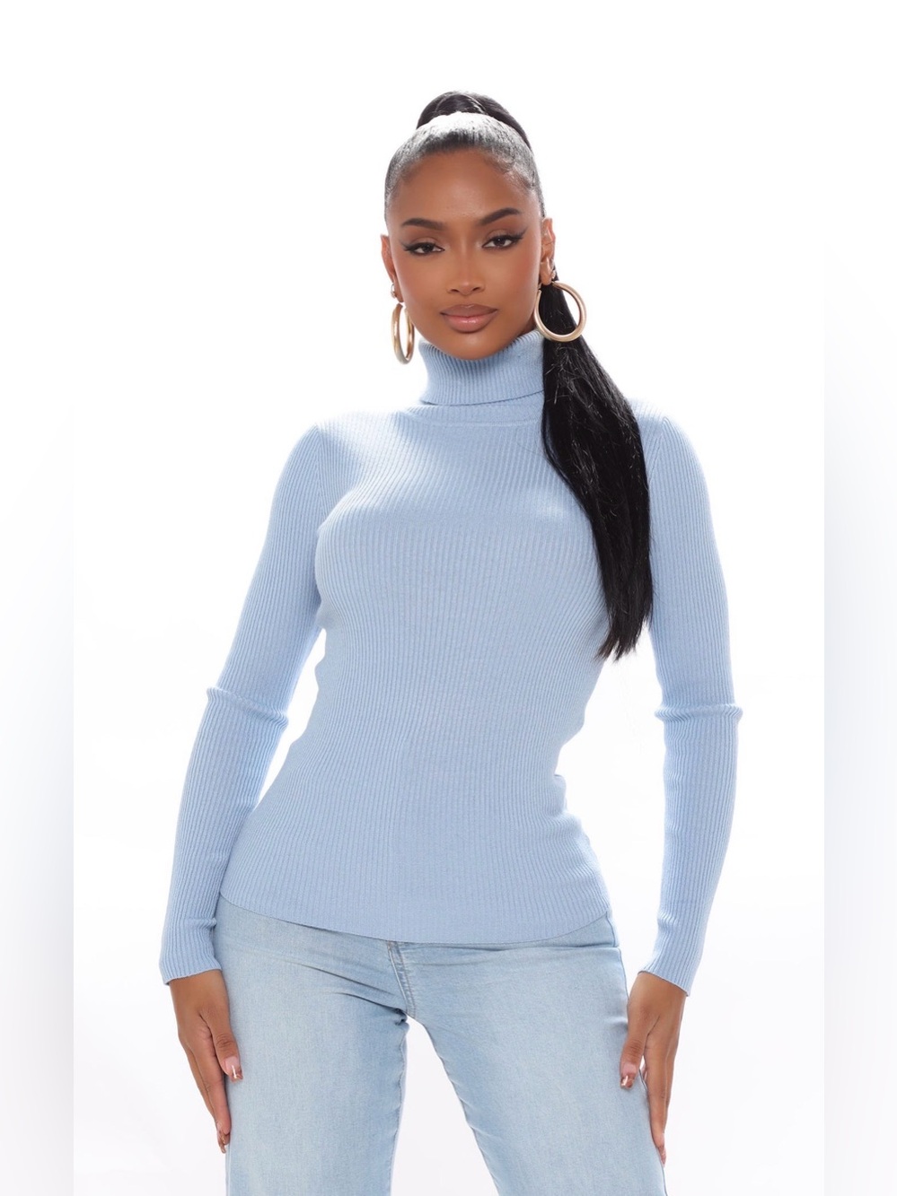Women’s Light Blue Ribbed Turtleneck Sweater